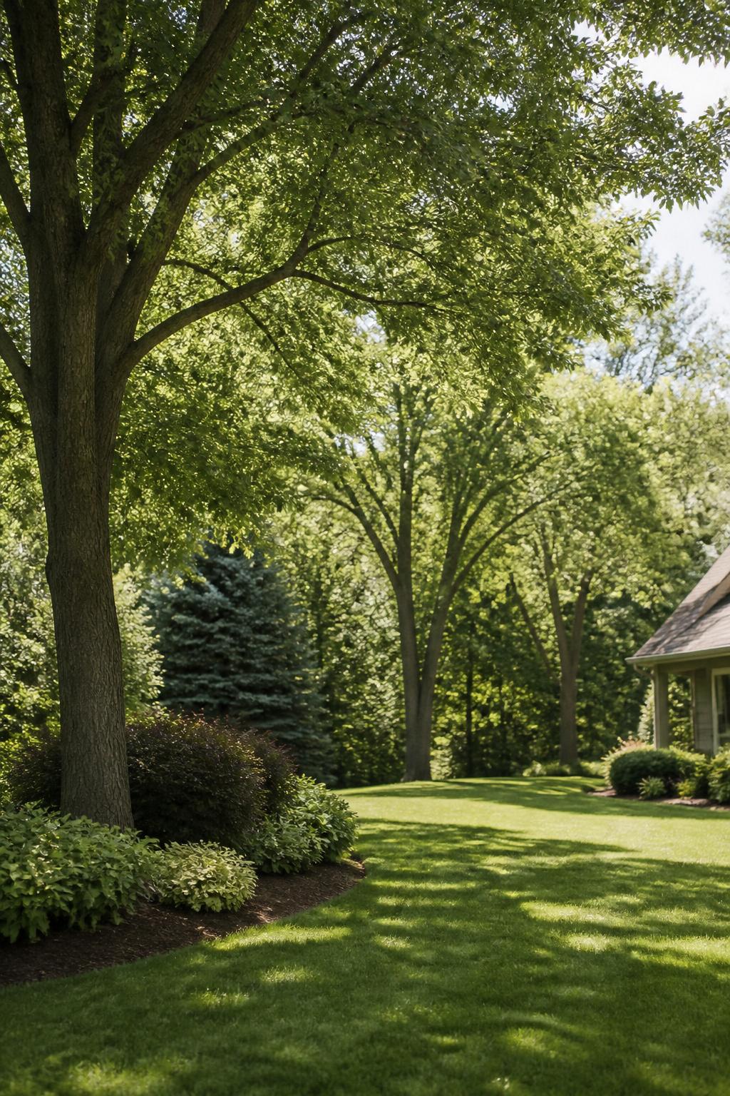 Well-maintained yard with healthy trees in soft daylight.